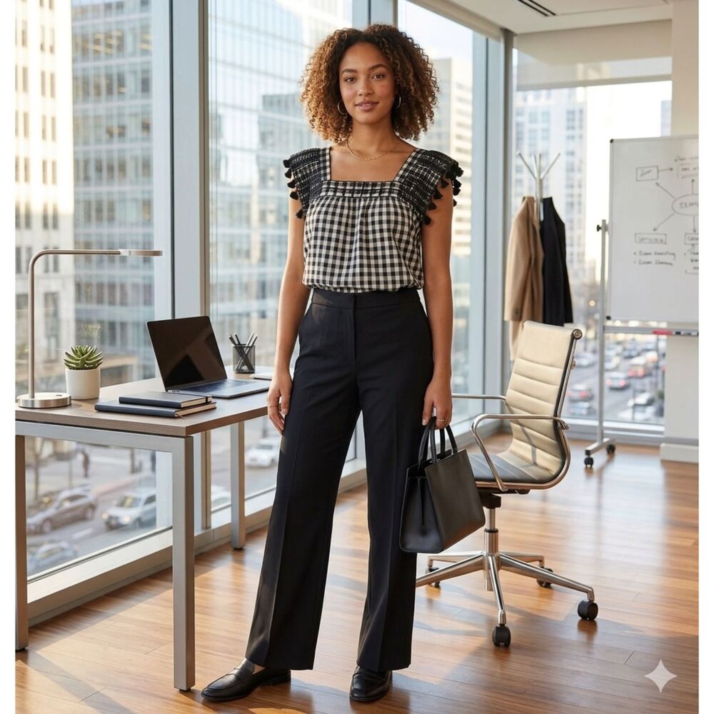 J. Crew Blouse Women's Size 14 (L) Black White Gingham Embroidered Career Office